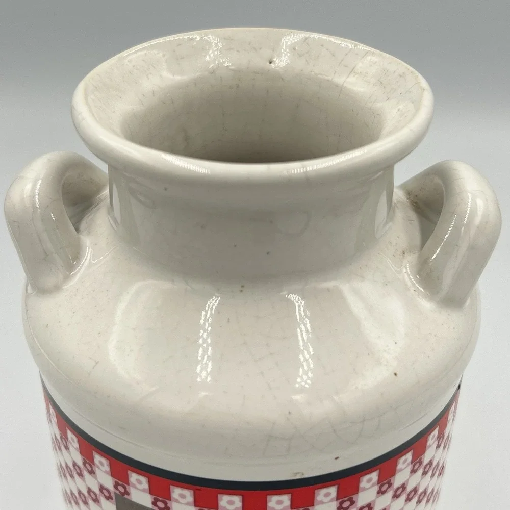 Vintage White Black Red Checkered Jar Jug Canister With Cats Linda Morgan‎ Japan